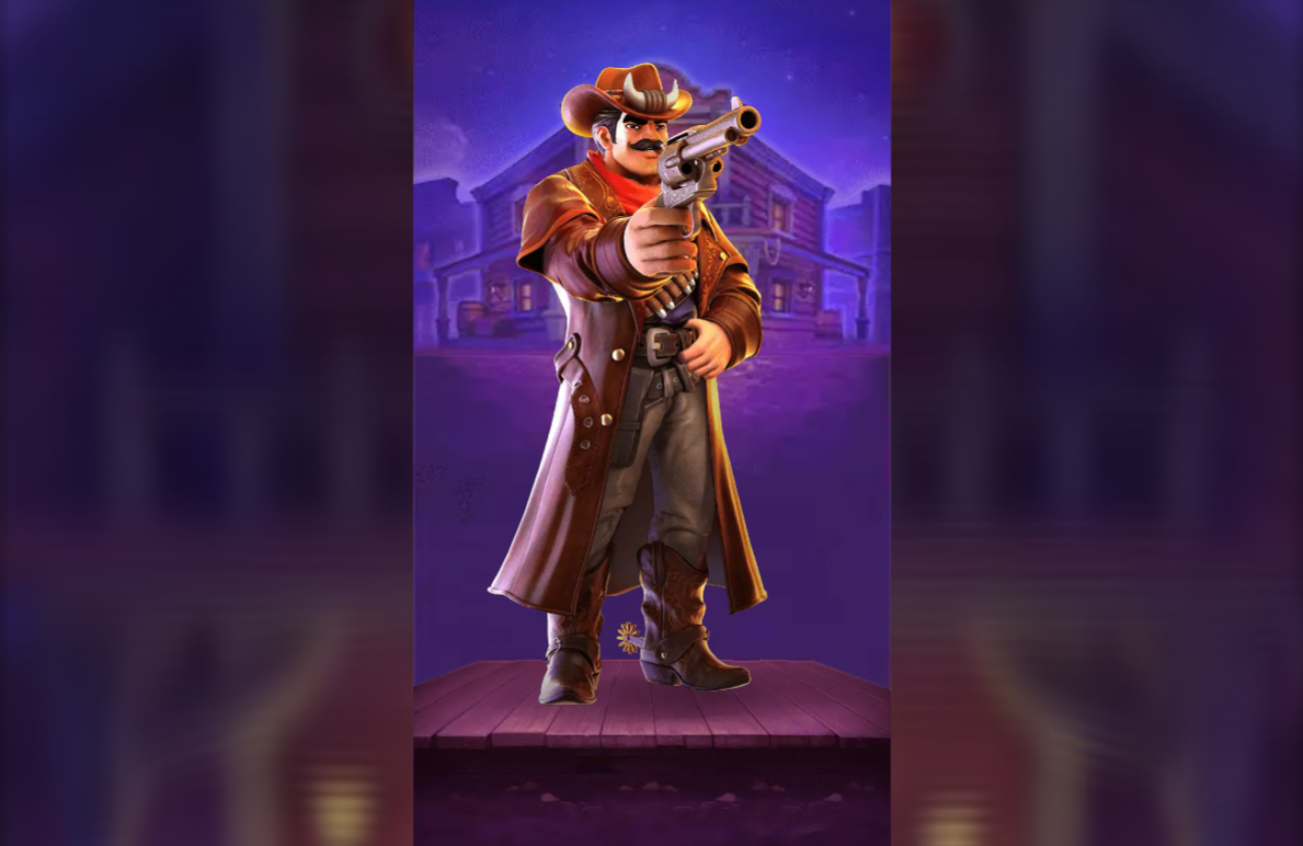 The main gunslinger character from the Bounty Frenzy slot, aiming a revolver.