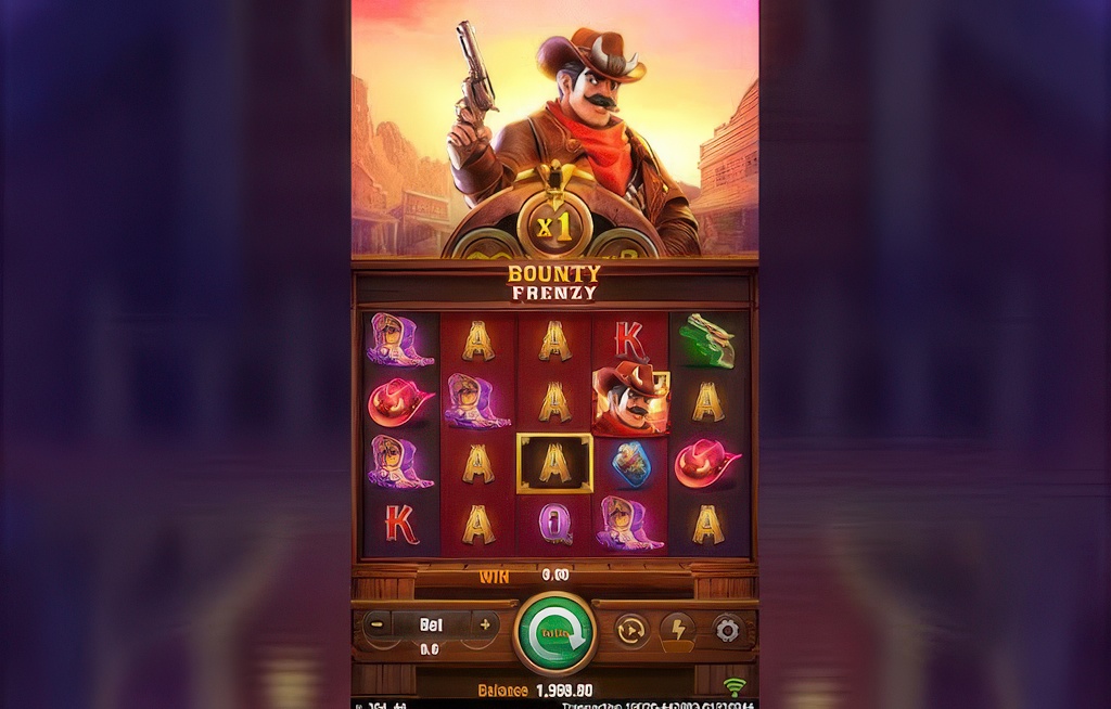 The mobile interface of the Bounty Frenzy slot, showing its unique 3-4-4-4-3 grid and the cowboy multiplier feature above the reels.