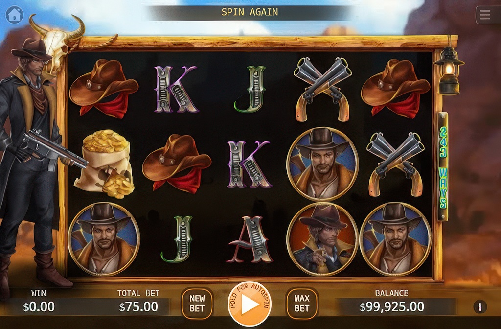 The main 5x3 game grid of the Bounty Hunter slot, featuring a Wild West theme with 243 ways to win and an animated gunslinger character.