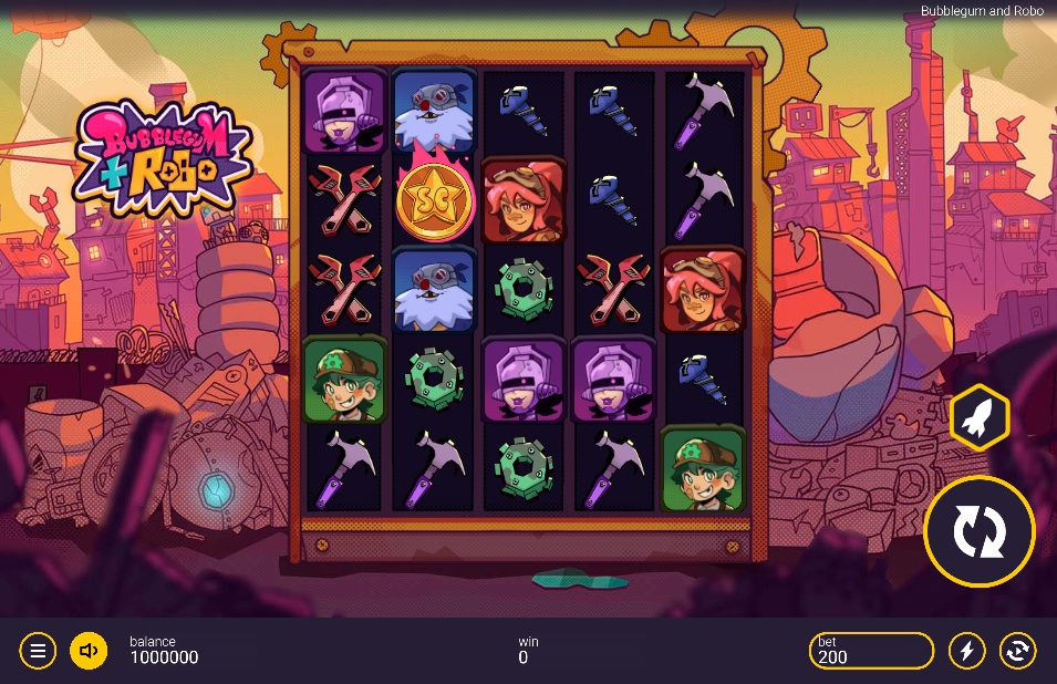 A screenshot of the Bubblegum and Robo slot, featuring its large 5x5 grid with colorful, post-apocalyptic cartoon-style symbols.