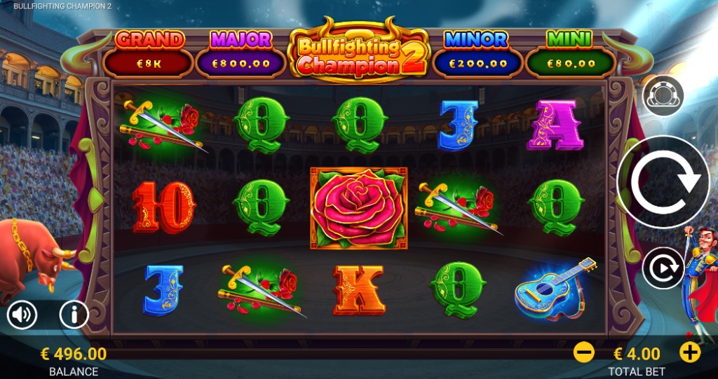 The main game screen of the Bullfighting Champion 2 slot, featuring a 5x3 grid with Spanish bullfighting-themed symbols and a four-level jackpot display.