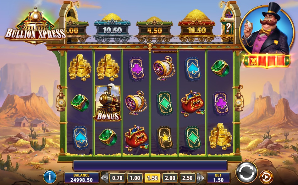 The 5x4 game screen of the Bullion Xpress slot, which features a Wild West gold rush theme and a special prize reel shaped like a train above the main grid.