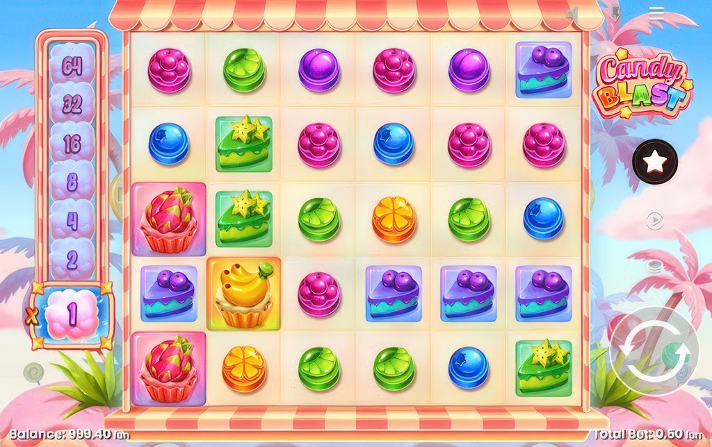 The 6x5 game grid of the Candy Blast slot, showcasing the win multiplier meter on the left and various candy and cake symbols.