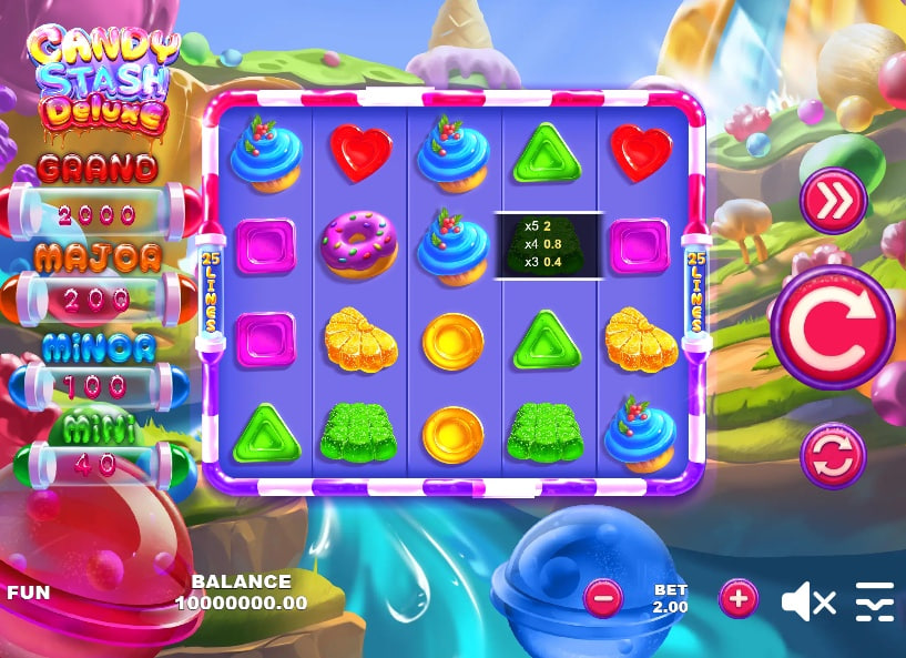 Base game reel view of Candy Stash Deluxe slot showing 5x3 grid with donut and cupcake symbols.