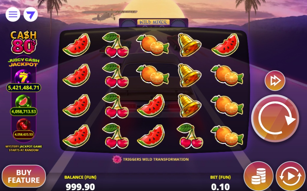 The main game interface of the Cash 80's slot, showcasing its 5x4 grid with classic fruit symbols against a retro 80s sunset backdrop and three progressive jackpots.