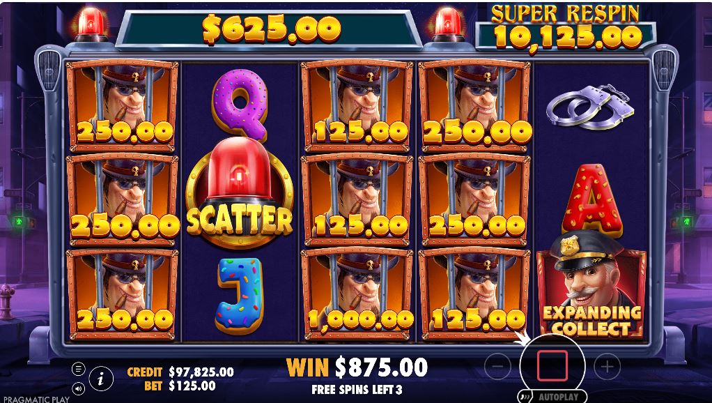 The Money Collect feature is triggered in the Cash Patrol slot game.
