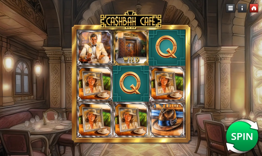The 3x3 game grid of the Cashbah Cafe classic slot, showcasing its vintage 1940s theme with elegant character symbols and a central wild.