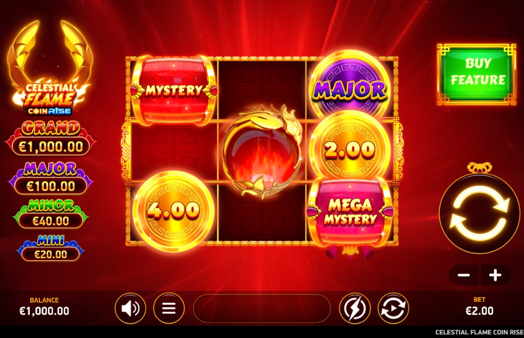 The 3x3 bonus grid of the Celestial Flame Coin Rise slot, featuring various jackpot, mystery, and coin symbols.