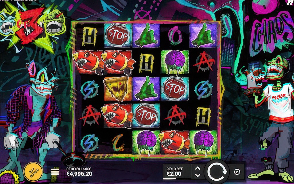 The main game screen of the Chaos Crew 3 slot, showcasing its 5x5 grid and unique punk-graffiti art style with the two main characters.