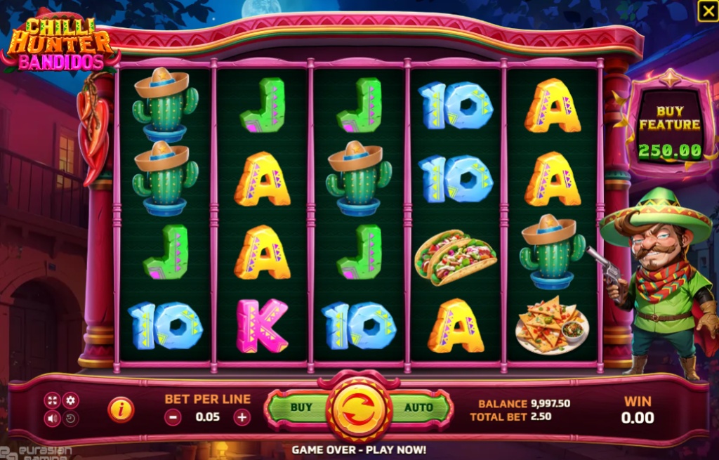 The 5x4 game grid of the Chilli Hunter Bandidos slot, featuring Mexican-themed symbols like a cactus in a sombrero and a cartoon bandido character.