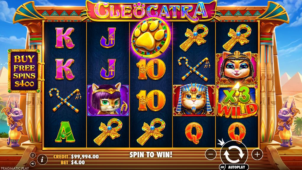 Cleocatra slot machine base game screen with cartoon cat symbols on a 5x4 grid.