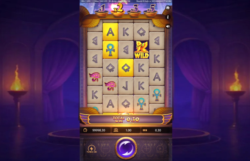 The mobile view of the Cleopatra's Fortune Ways slot, featuring a 5x6 grid with Egyptian symbols and a win multiplier above each reel.