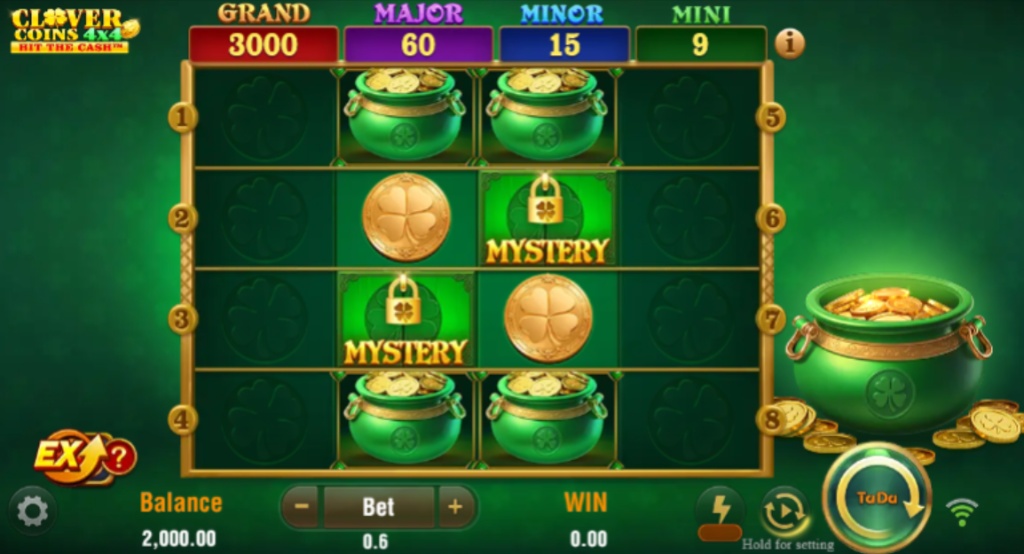 A screenshot of the Clover Coins 4x4 slot game, featuring its 4x4 grid with special pot of gold, clover coin, and mystery symbols, with four jackpots displayed above.
