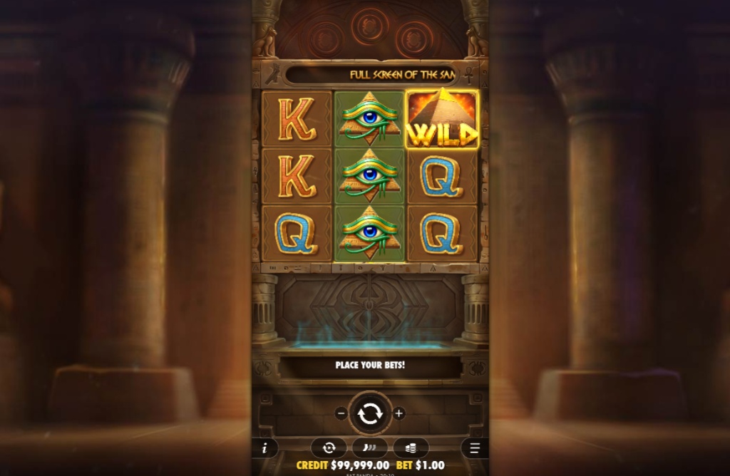 The vertical 3x4 game grid of the Code of Cairo mobile slot, showcasing its Egyptian theme and a full reel of stacked pyramid wild symbols.