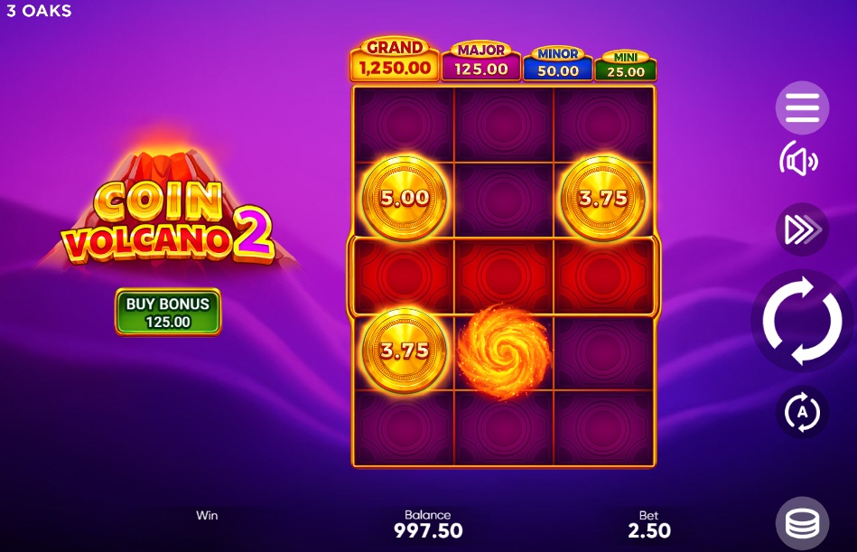 The 3x3 bonus round grid of the Coin Volcano 2 slot from 3 Oaks, showing coin symbols with cash values and the four fixed jackpots at the top.