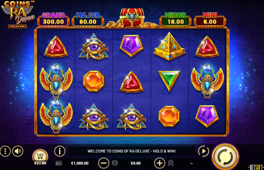 A screenshot of the Coins of Ra Deluxe slot, featuring its 5x3 grid with Ancient Egyptian symbols and the four fixed jackpots for the Hold & Win feature.