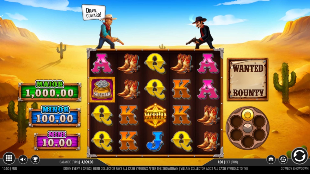 The main game grid of the Cowboy Showdown slot, featuring a 5x4 layout with a central Wild symbol, jackpots on the left, and two cowboys in a duel.