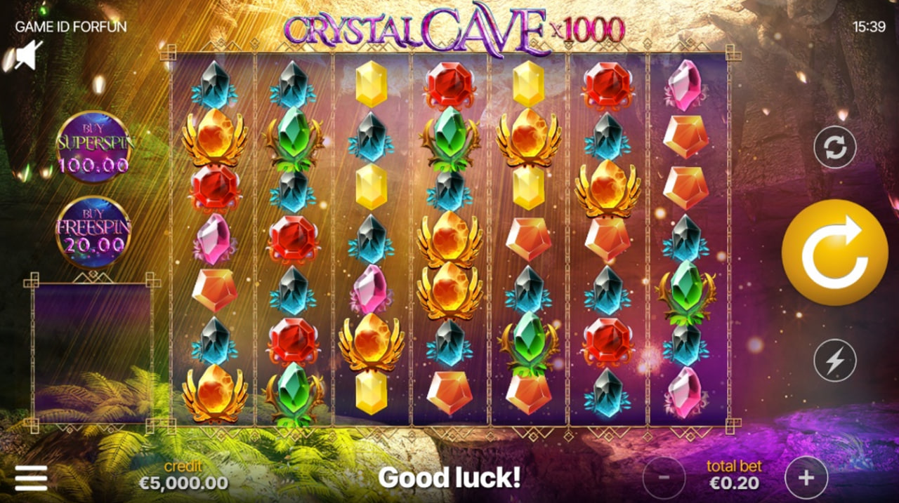A screenshot of the Crystal Cave x1000 slot, displaying its large 7x6 game grid filled with colorful gem symbols and two different "buy feature" options.