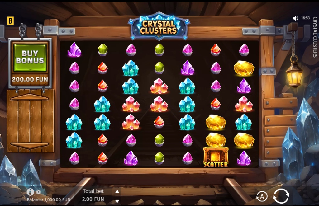 A screenshot of the Crystal Clusters slot game, featuring its large 7x6 grid that uses a cluster pays mechanic, with a "Buy Bonus" option on the left.