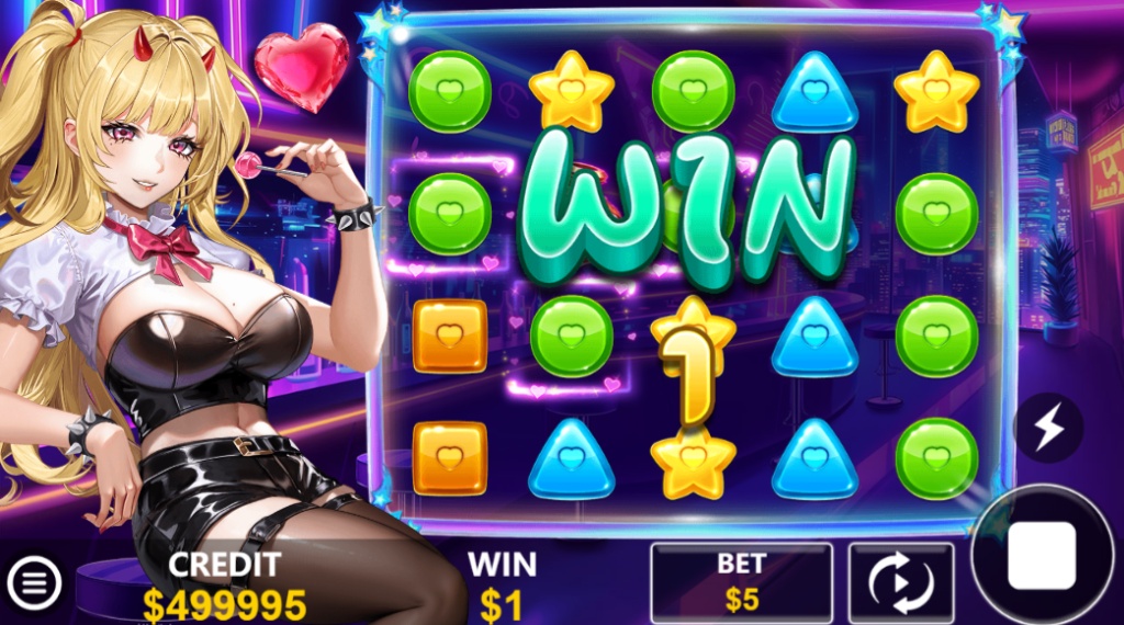 The main game screen of the Devil Sugar slot, showing the 5x4 neon grid, a large "WIN" celebration, and the anime-style character on the left.