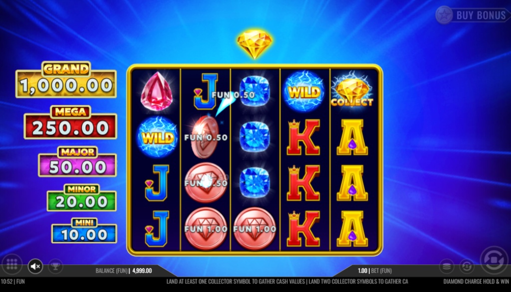 The main game screen for the Diamond Charge Hold & Win slot, showing the 5x4 grid with Collect and Wild symbols, and a five-level jackpot display.