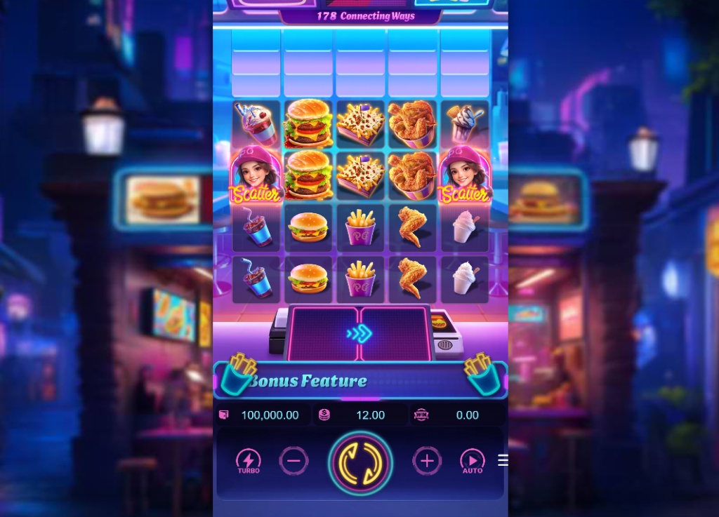 Diner Frenzy Spins slot base game interface showing 5x4 grid and neon diner background.