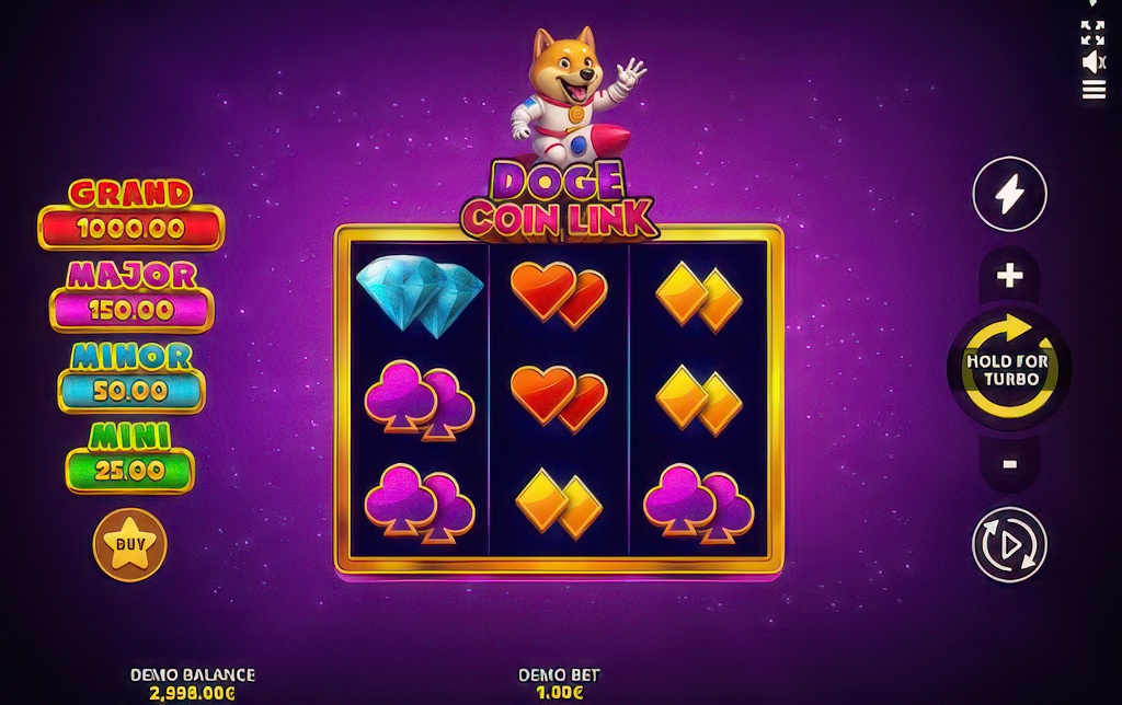 The main game screen of the Doge Coin Link slot, featuring a 5x3 grid, the iconic Doge mascot, and a four-tier jackpot ladder.