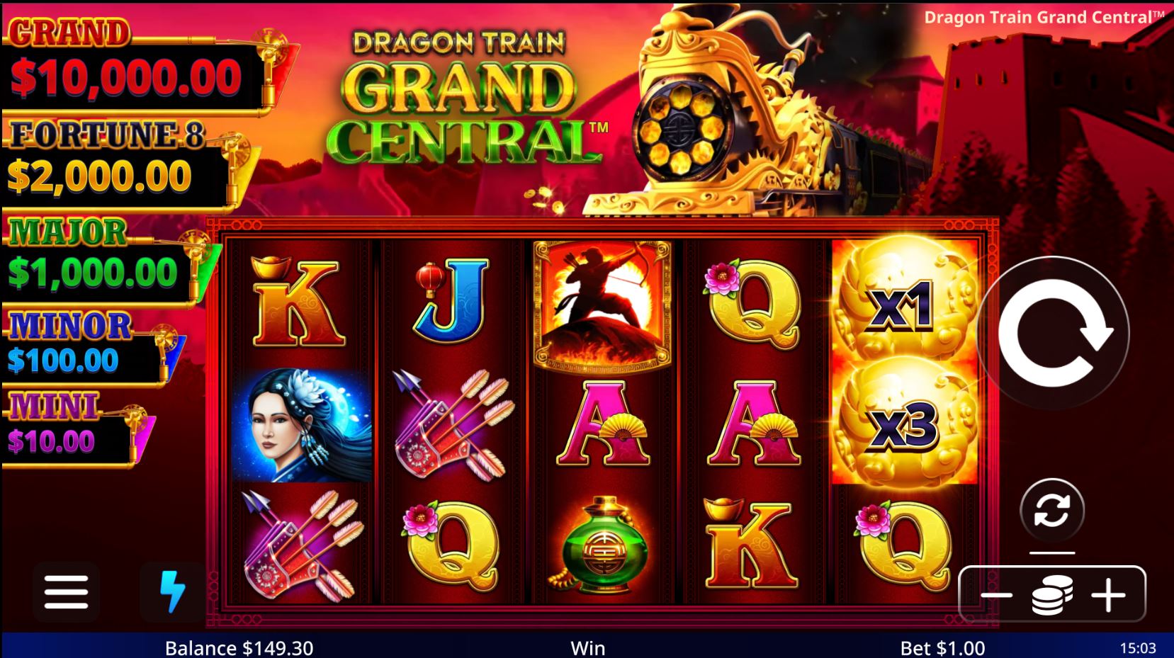 The main 5x3 reel layout of the Dragon Train Grand Central slot game.
