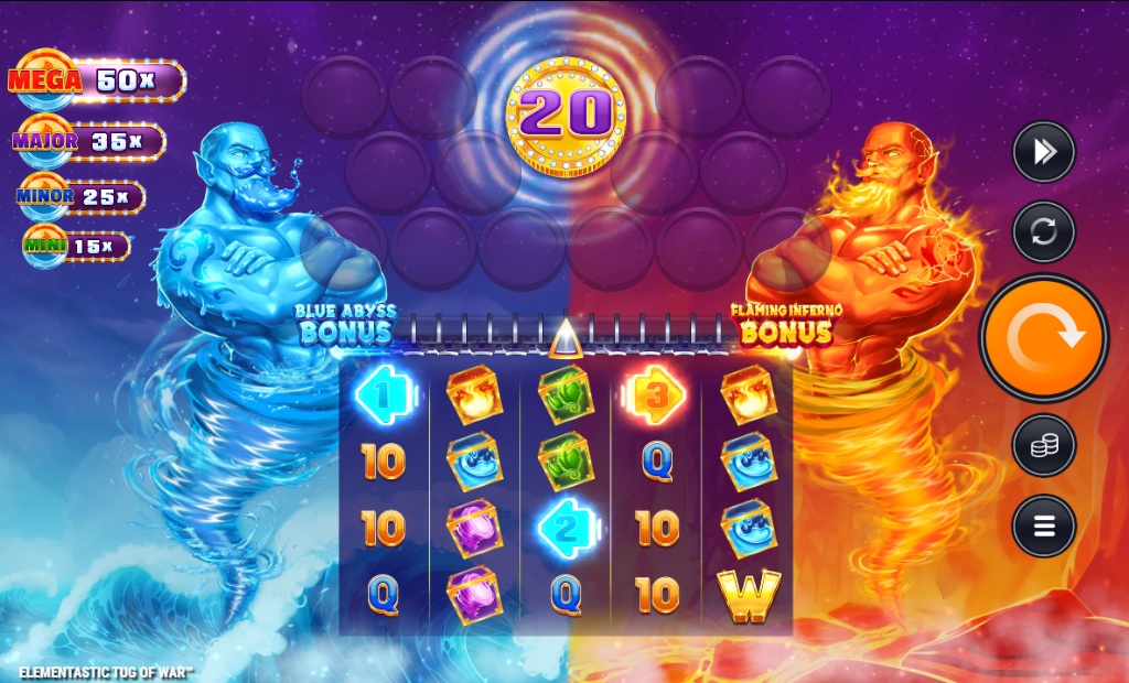 The 5x4 game grid of the Elementastic Tug of War slot, featuring its central tug-of-war mechanic between fire and water elementals.