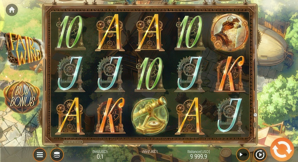 The main 5x3 game grid of the Fair Wind slot, showcasing its detailed steampunk theme and a Buy Bonus feature on the left.
