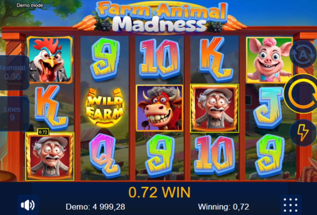 The game screen of the Farm Animal Madness slot, featuring its 5x3 grid with cartoon farm animal symbols and a prominent wild symbol.