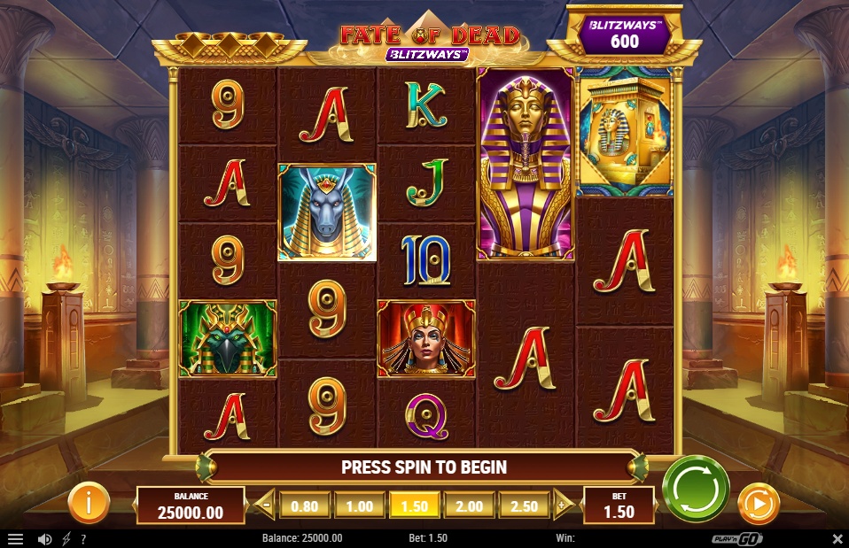 A screenshot of the Fate of Dead Blitzways slot, showcasing the dynamic Blitzways™ mechanic with 600 ways to win and symbols from Ancient Egypt.