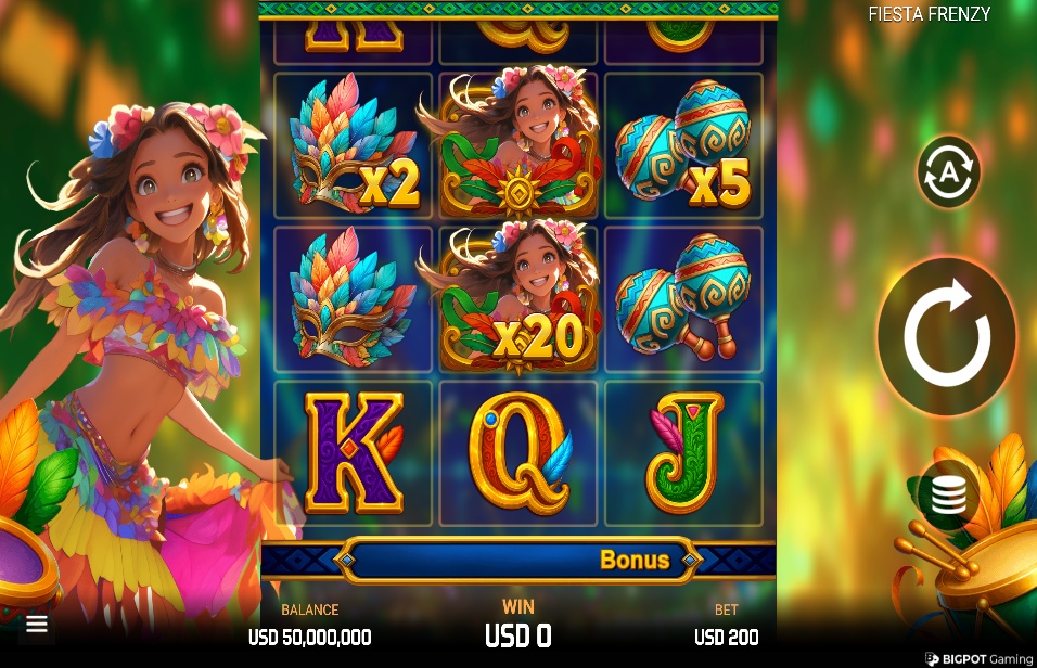 A mobile screenshot of the Fiesta Frenzy slot, featuring its 5x3 grid with carnival-themed symbols that include attached win multipliers.