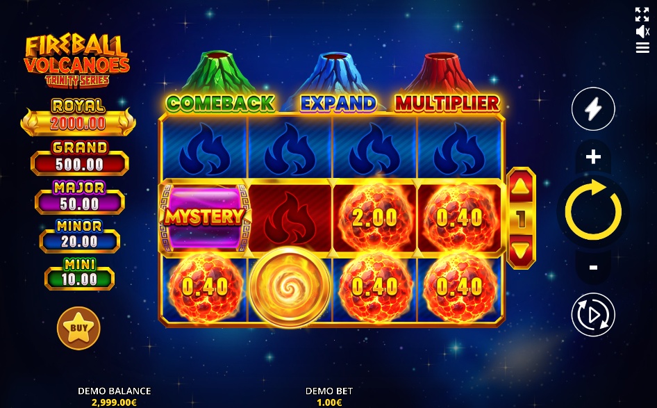 The main game screen of the Fireball Volcanoes: Trinity Series slot, showcasing the 4-reel grid with fireball cash symbols, a mystery symbol, and the jackpot prize list on the left.