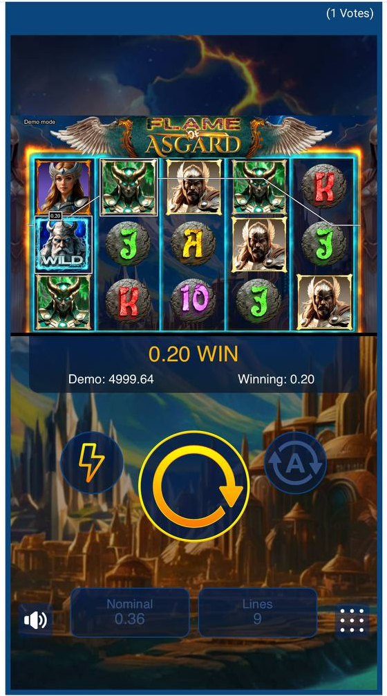 Flame of Asgard slot showing the 5x3 reels and user interface in the base game.
