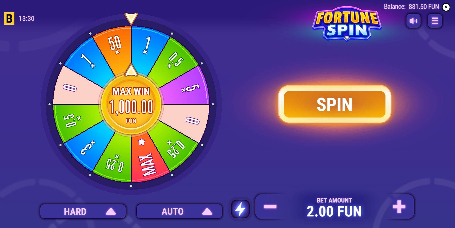 The Fortune Spin wheel mid-game, with several '0' sectors visibly removed, increasing the density of multiplier prizes.