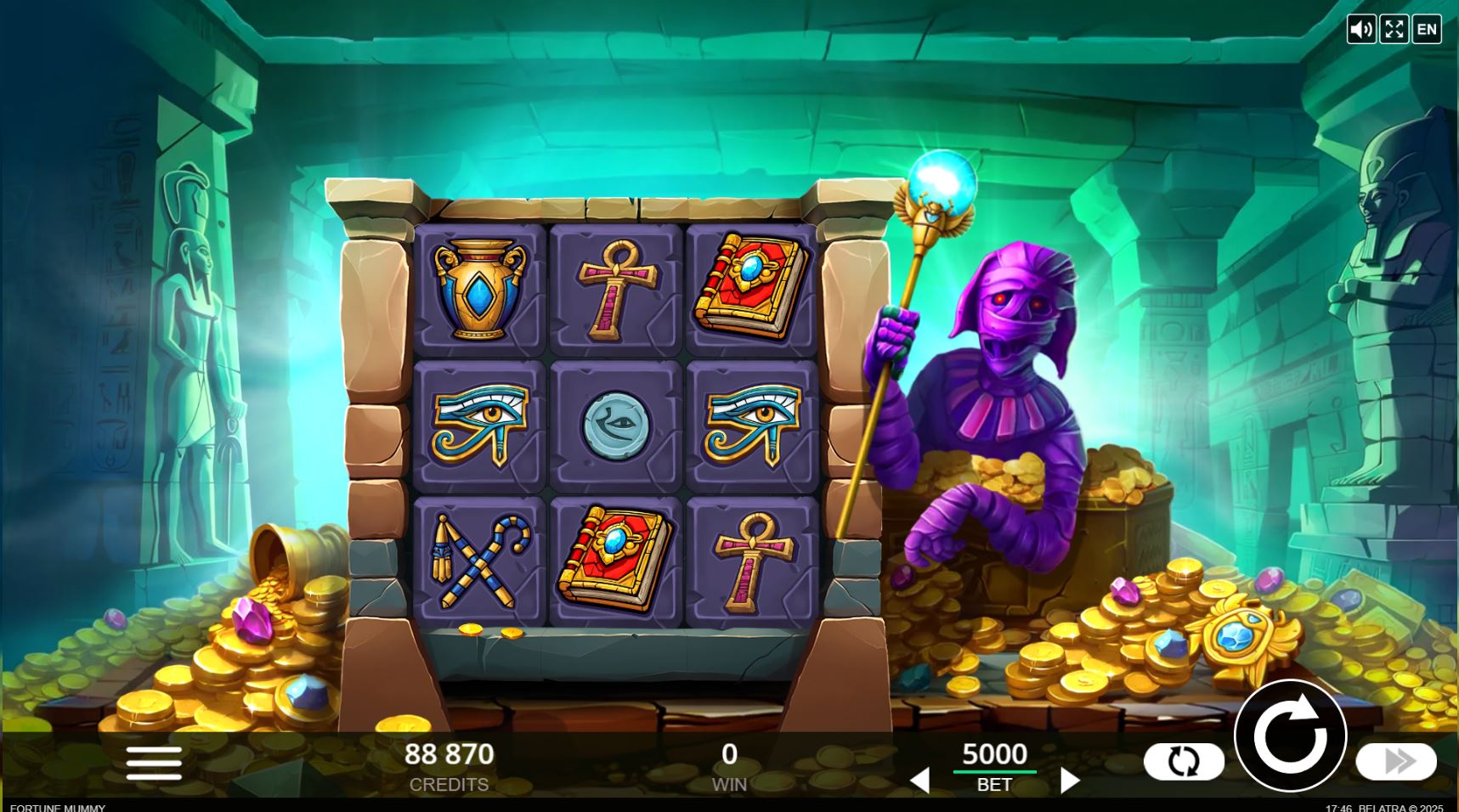 The 3x3 reel layout of the Fortune Mummy slot in its standard gameplay mode.