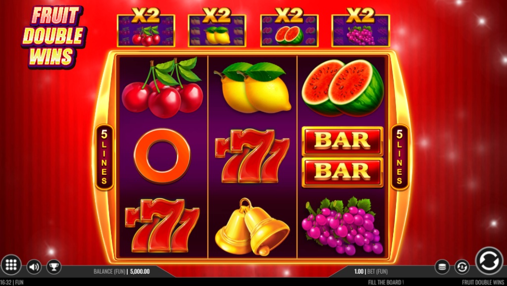 The 3x3 game grid of the classic Fruit Double Wins slot, showcasing traditional fruit symbols, sevens, and bells, with the x2 multiplier feature displayed above the reels.