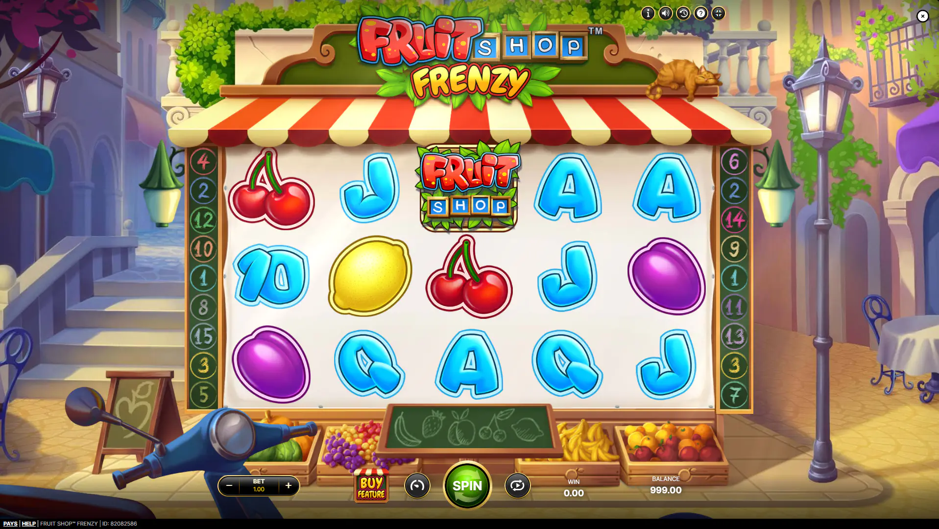 The 5x3 reel layout of the Fruit Shop Frenzy slot during the base game, showing the fruit and card symbols.