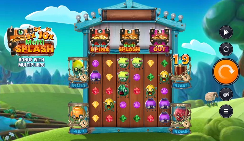 The 5x5 game grid of the Fruitzy Frenzy Feverenzy MultiChase slot, showcasing its unique zombie fruit theme and special top and bottom reels that contain bonus modifiers.