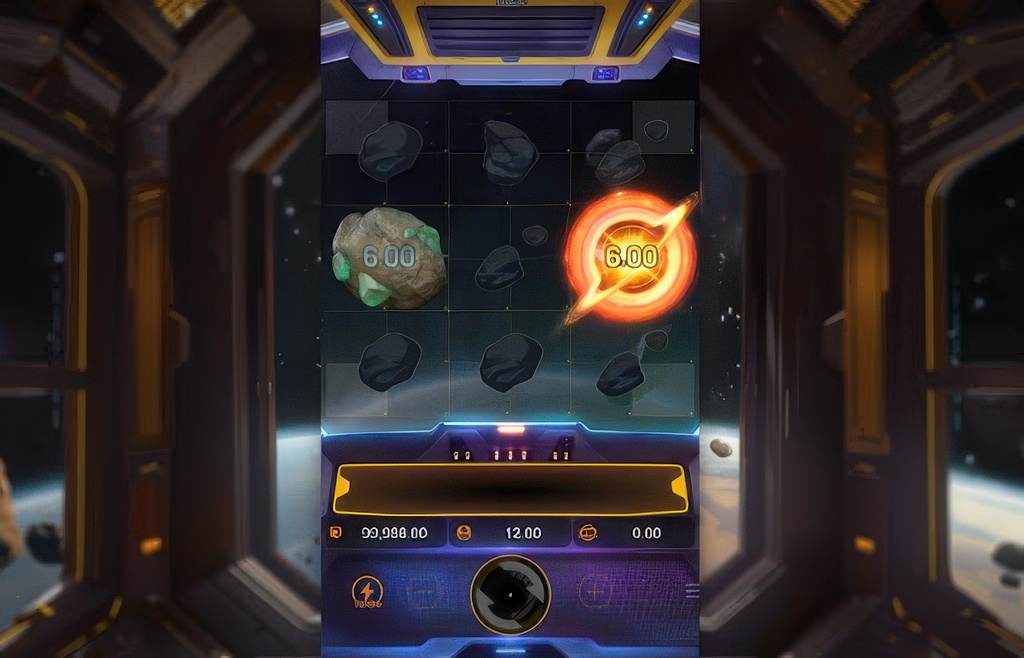 The vertical mobile interface of the Galaxy Miner slot, showing asteroid symbols with cash values from a spaceship cockpit perspective.