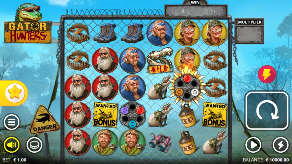 A screenshot of the Gator Hunters slot, featuring its large 6x5 grid with humorous hunter characters, an alligator Wild symbol, and a "Wanted" Bonus symbol.