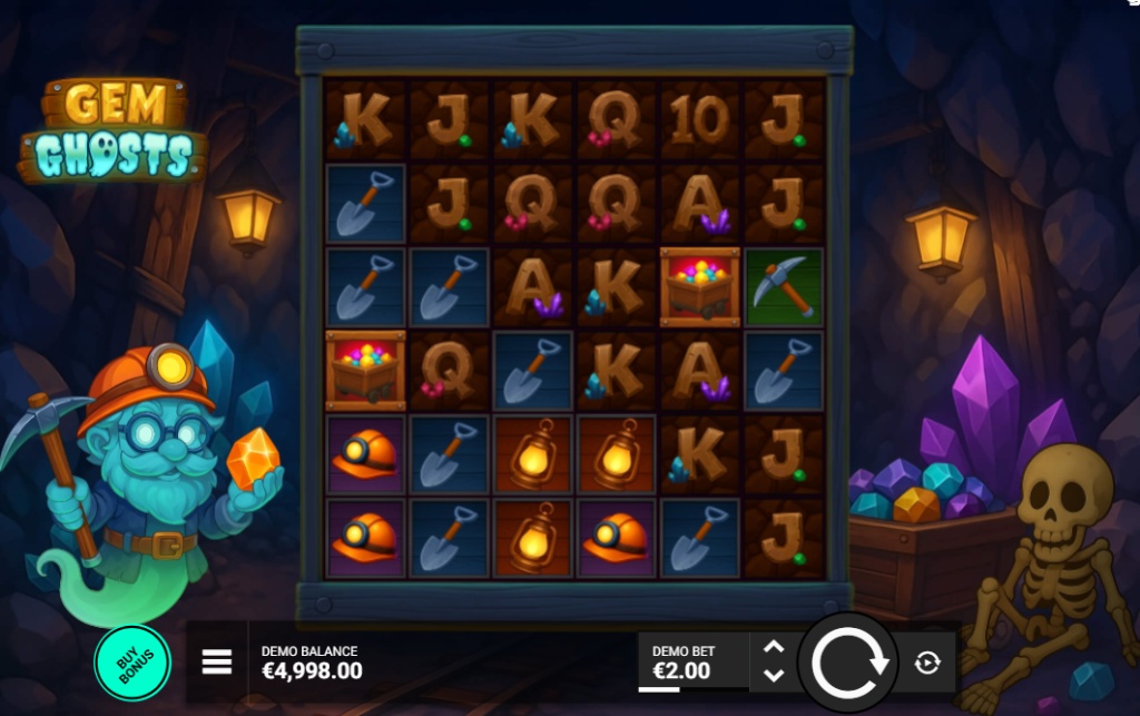 The game screen of the Gem Ghosts slot, showing its 6x6 grid with mining-themed symbols and the ghost mascot on the left.