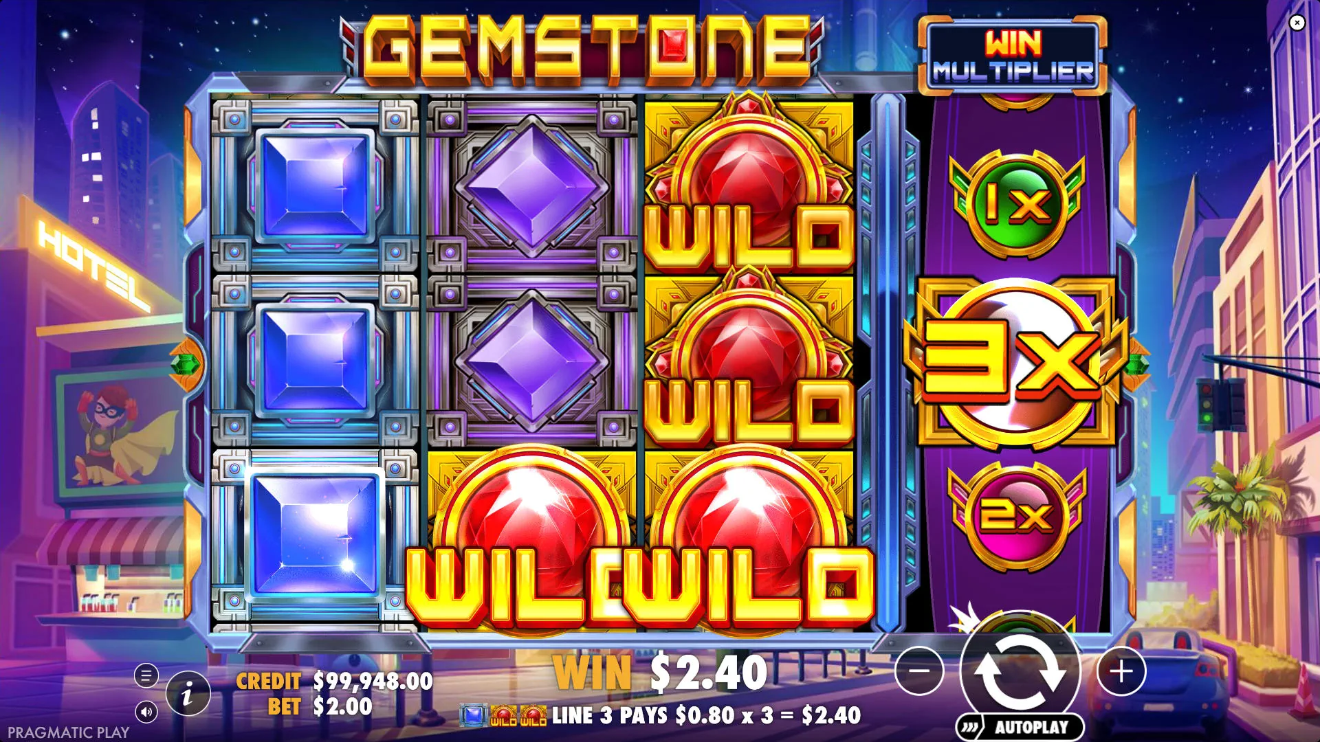 Gemstone slot 3x3 grid displaying a blue gem winning line and a 3x multiplier on the 4th reel, showing how base payouts are boosted.
