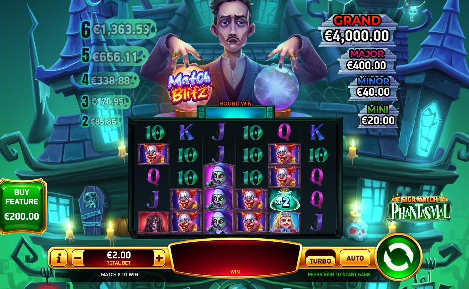 The 5x3 game grid of the Giga Match Phantasmal slot, showcasing its cartoon horror theme, the Match Blitz prize ladder on the left, and the four jackpots on the right.
