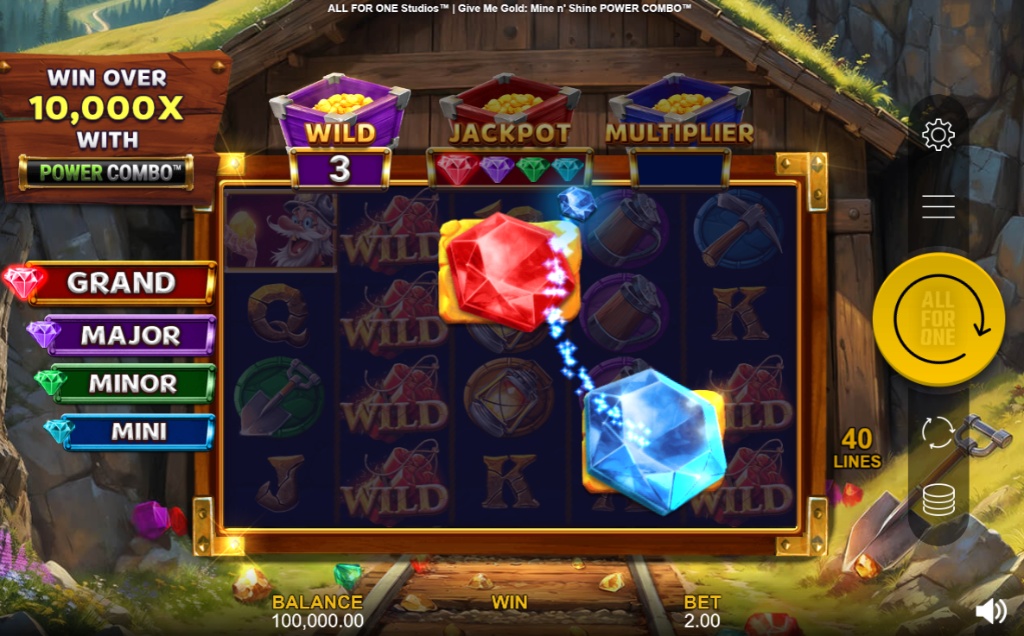 The 5x4 game grid of the Give Me Gold: Mine n' Shine slot, displaying its special Power Combo modifiers above the reels.