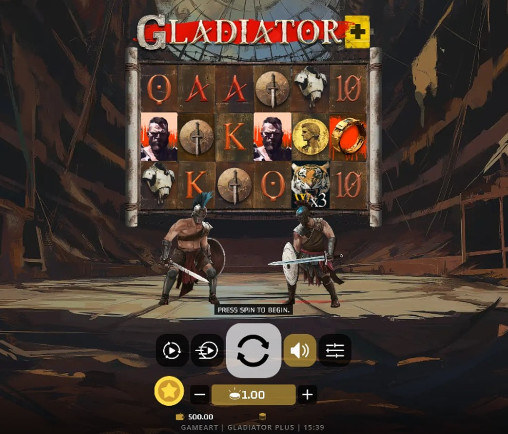 A screenshot of the Gladiator+ slot game, featuring its 5x3 grid with Roman gladiator-themed symbols, including a tiger multiplier symbol.