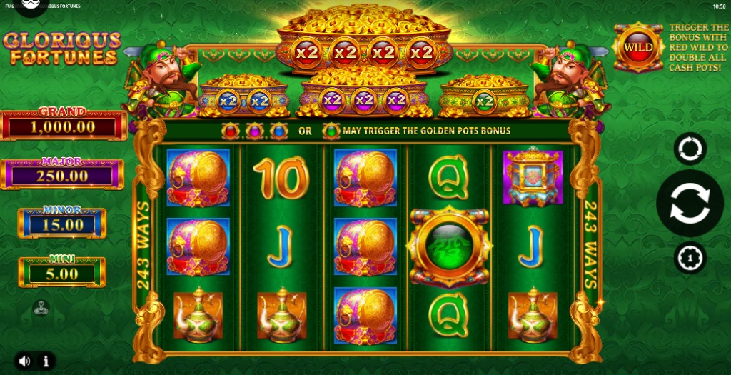 The main game screen for the Glorious Fortunes slot, featuring a 5x3 grid, a four-level jackpot, and the Golden Pots Bonus feature with multipliers above the reels.