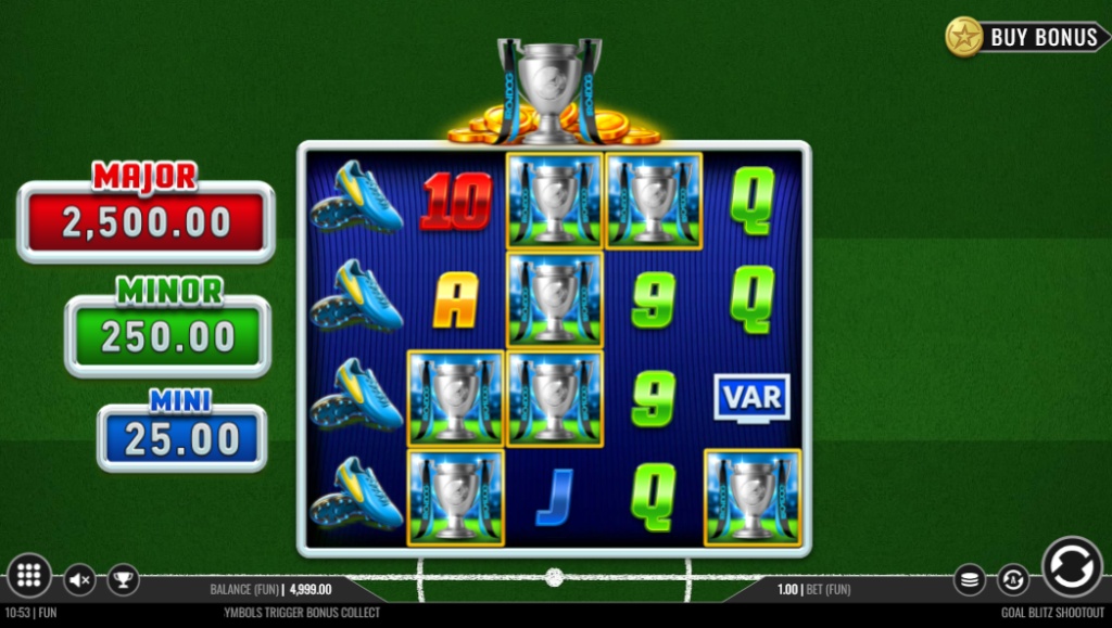 The main game grid of the Goal Blitz Shootout slot, showing its 5x4 layout with football-themed symbols and a three-tiered jackpot prize system.