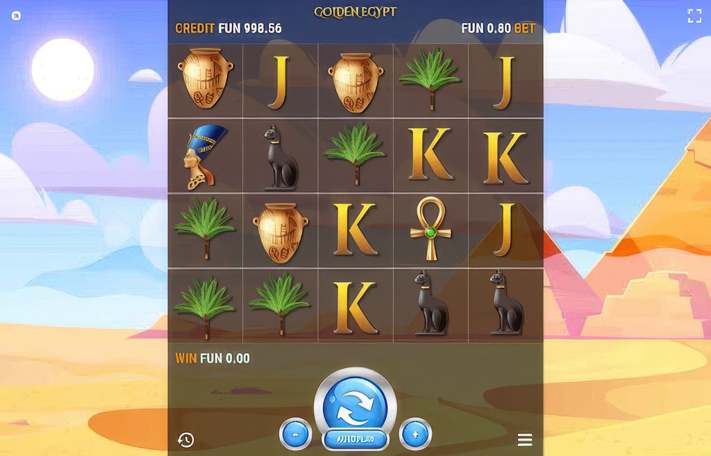 The 5x4 main game grid of the Golden Egypt slot, featuring classic Egyptian-themed symbols against a pyramid background.